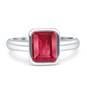 Bezel Set Emerald Engagement Ring 8mmx6mm Simulated Ruby CZ 925 Sterling Silver Wholesale